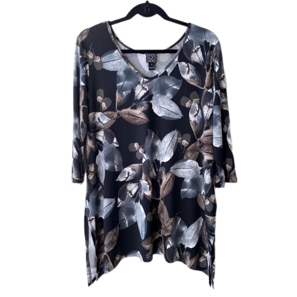 CLARA SUNWOO Floral Leaf Gray Brown Watercolor Print Parachute Hem Tunic, Large
